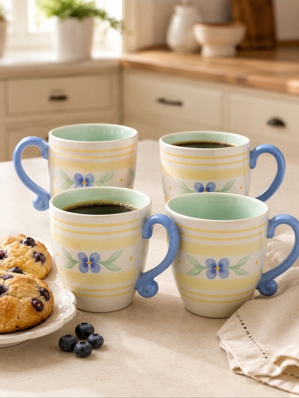 Pfaltzgraff Summer Breeze Coffee Mugs Set of 4 Blue Floral Thailand